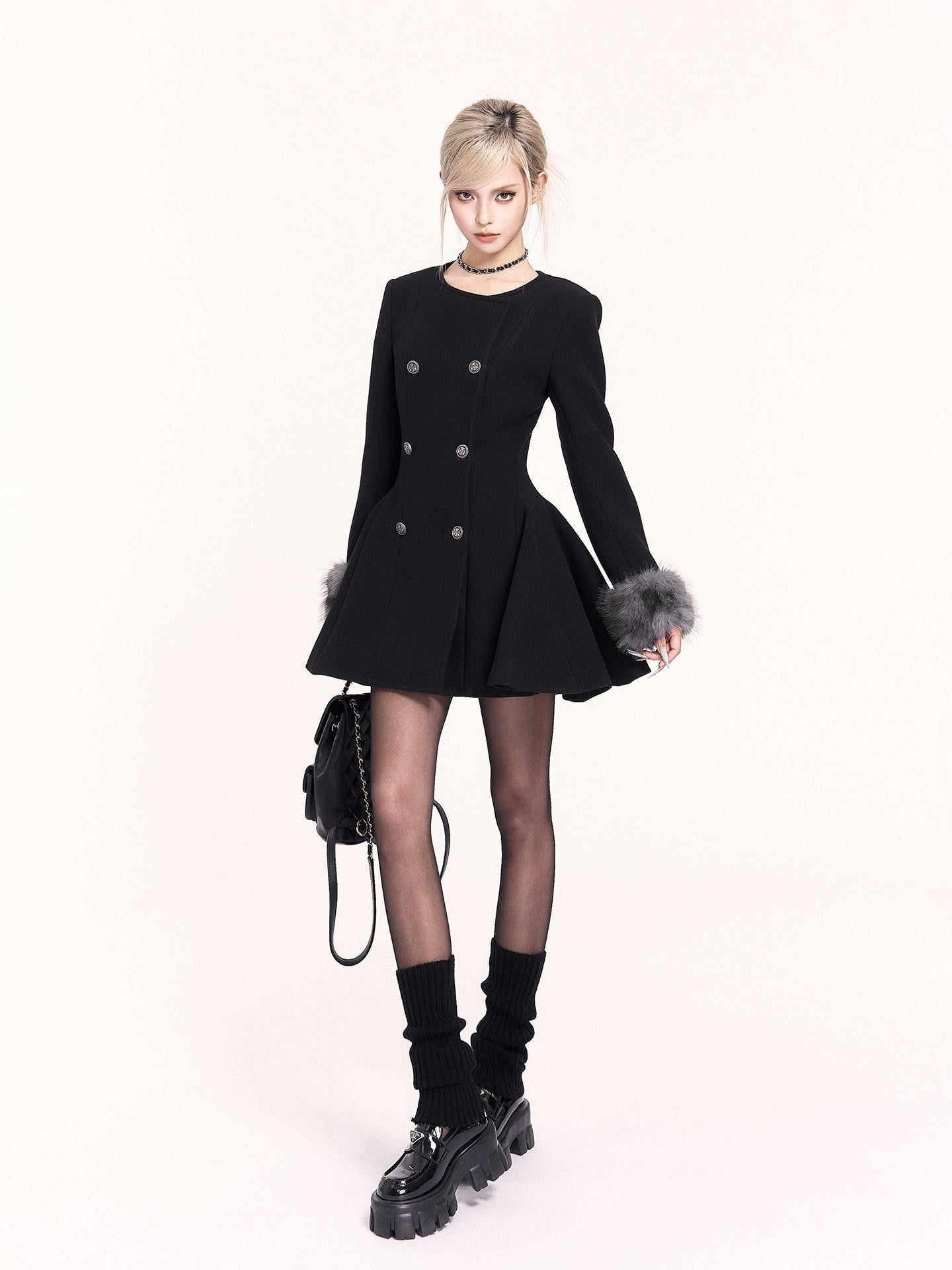 VOCK Detachable Fur Collar Double Breasted A Line Women's Tweed Casual Mini Dresses