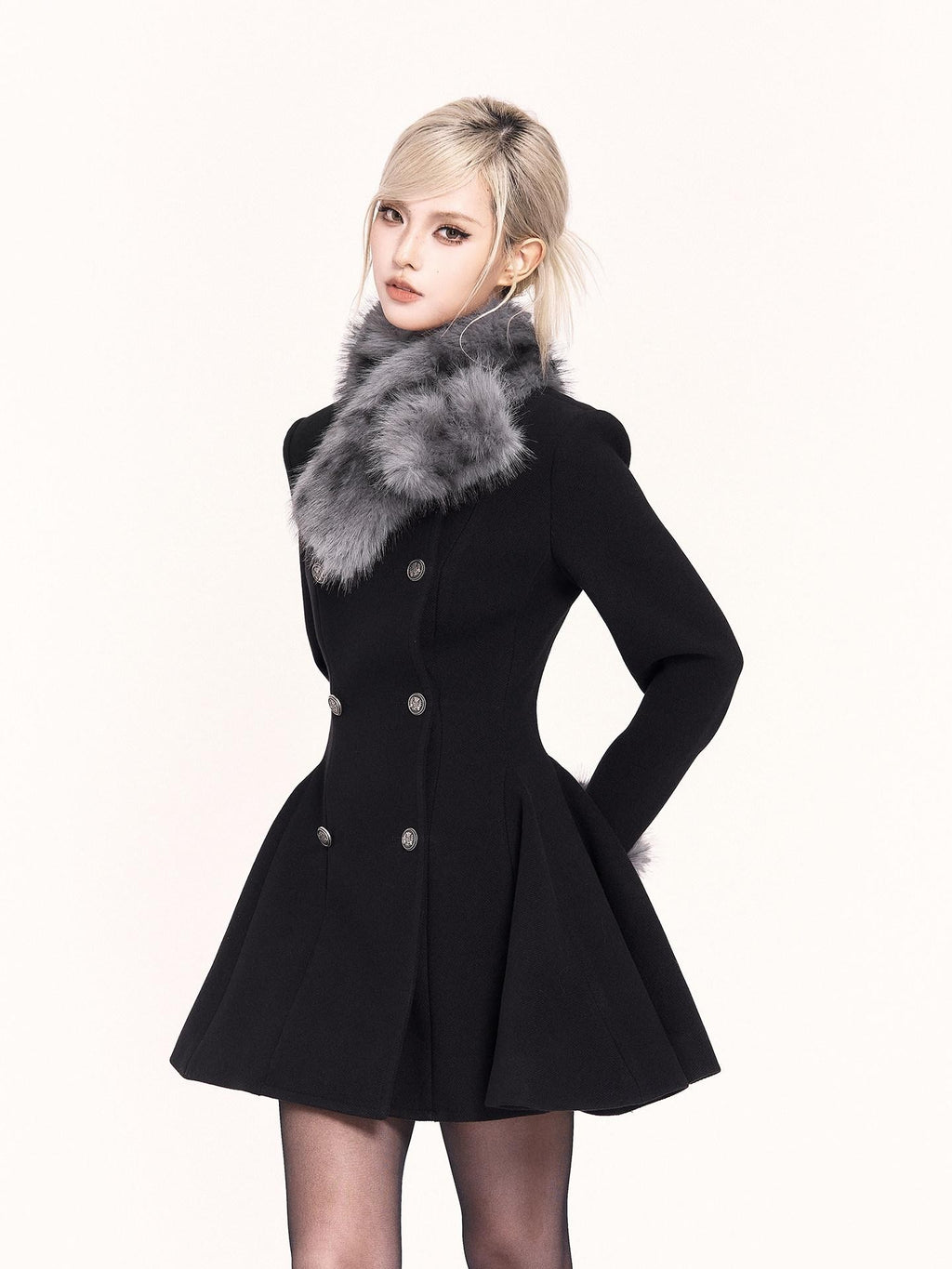 VOCK Detachable Fur Collar Double Breasted A Line Women's Tweed Casual Mini Dresses