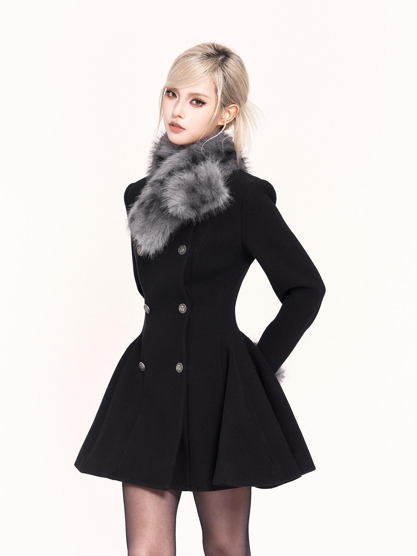 VOCK Detachable Fur Collar Double Breasted A Line Women's Tweed Casual Mini Dresses