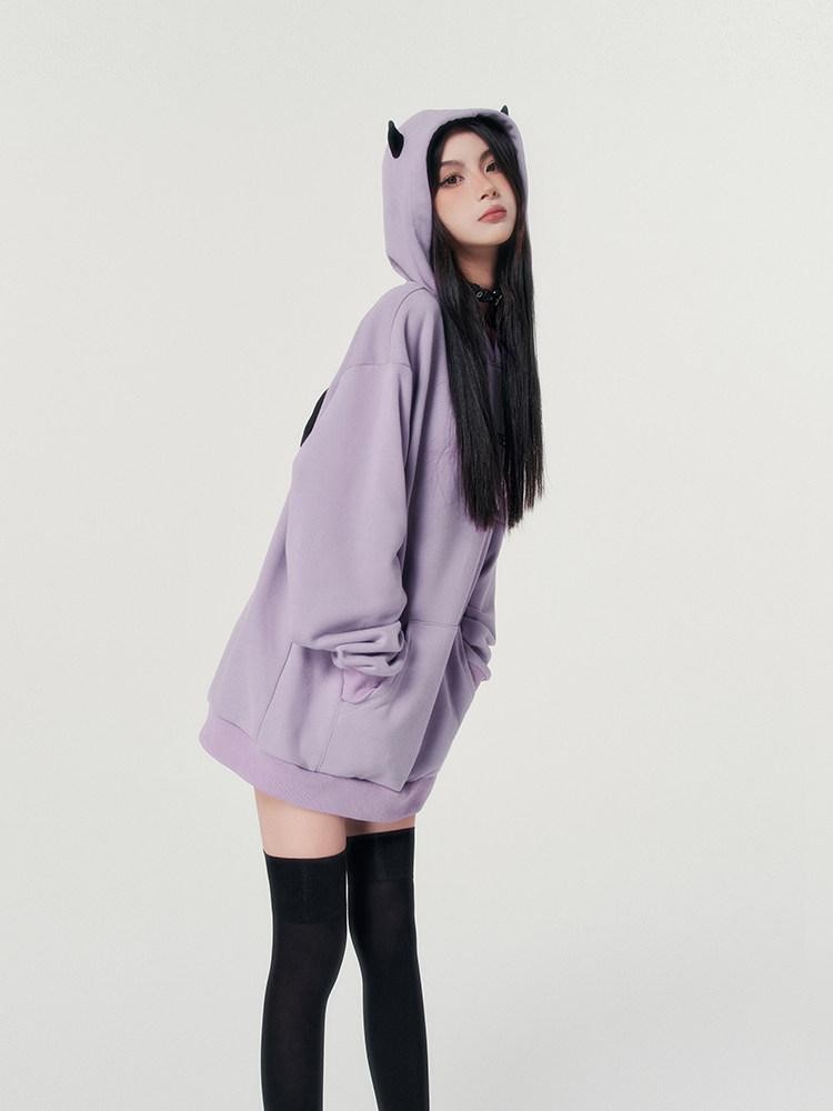 VOCK Devil Embroidered 3d Letter Loose Fit Women's Poly Cotton Fleece-lined Hoodies