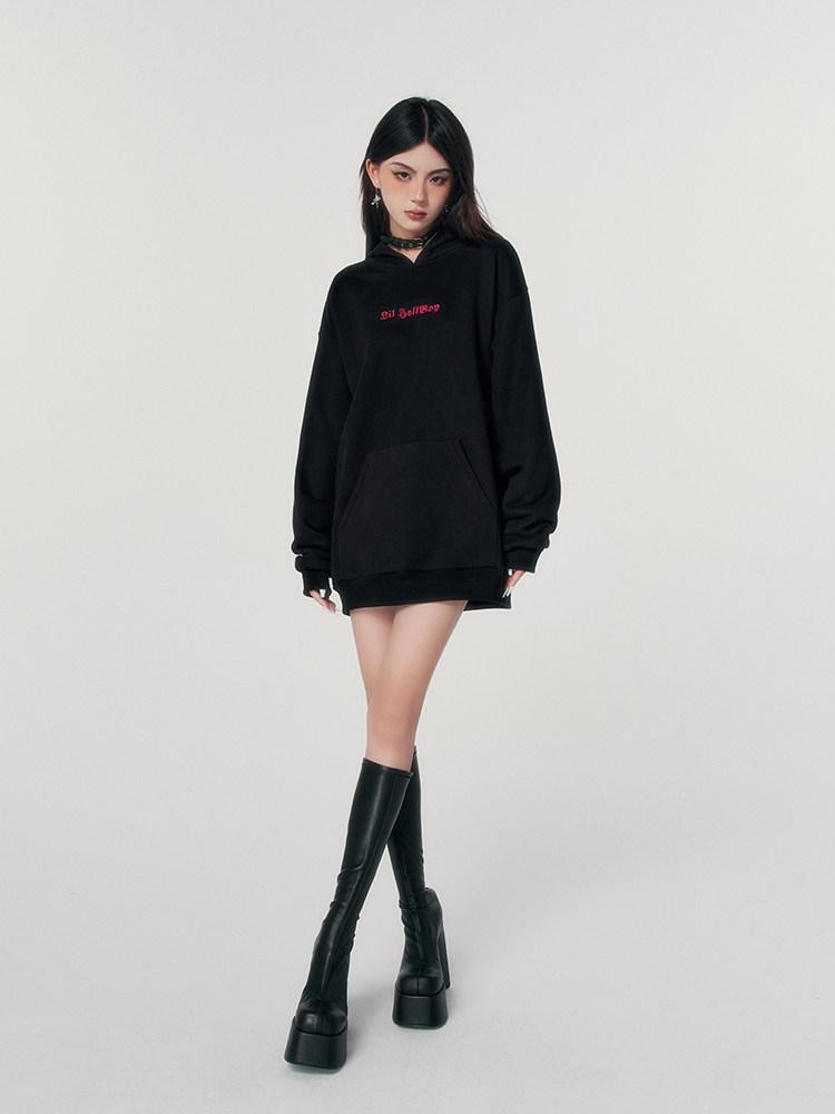 VOCK Devil Embroidered 3d Letter Loose Fit Women's Poly Cotton Fleece-lined Hoodies