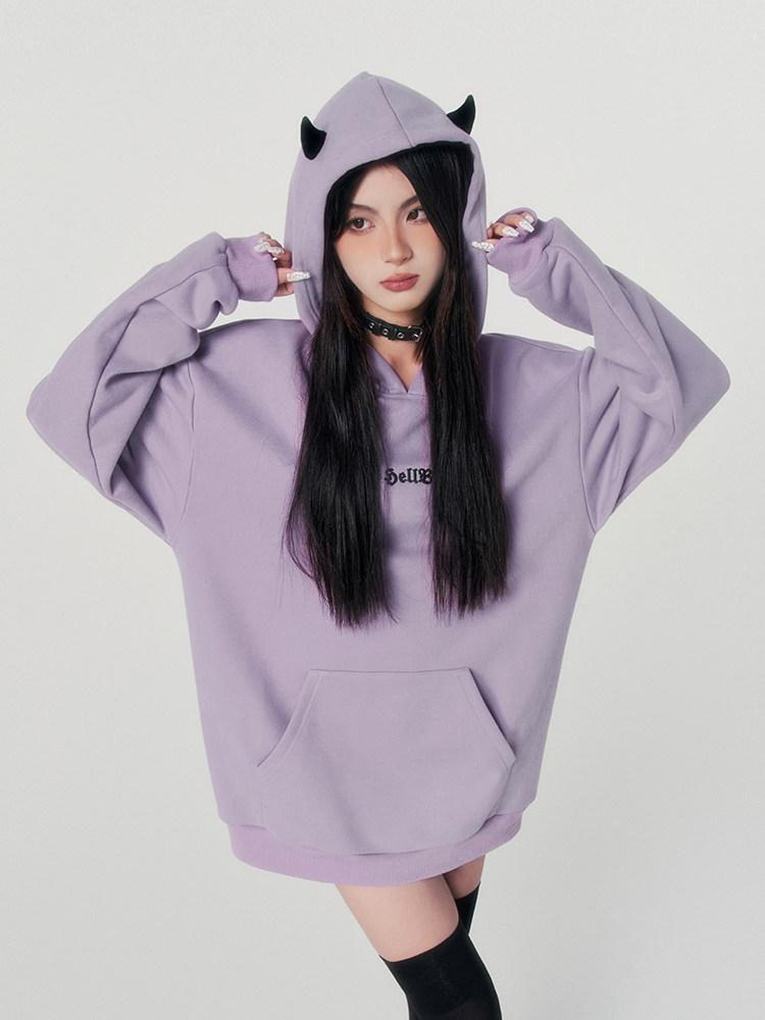 VOCK Devil Embroidered 3d Letter Loose Fit Women's Poly Cotton Fleece-lined Hoodies