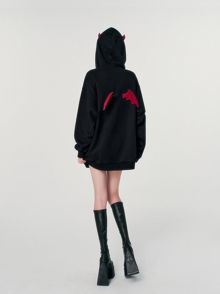 VOCK Devil Embroidered 3d Letter Loose Fit Women's Poly Cotton Fleece-lined Hoodies