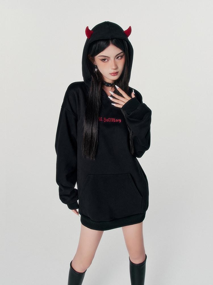 VOCK Devil Embroidered 3d Letter Loose Fit Women's Poly Cotton Fleece-lined Hoodies
