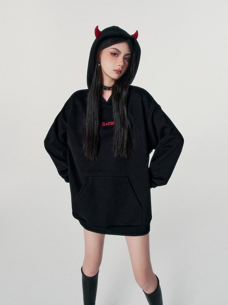 VOCK Devil Embroidered 3d Letter Loose Fit Women's Poly Cotton Fleece-lined Hoodies