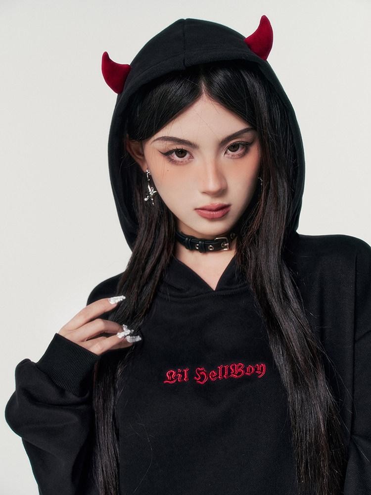 VOCK Devil Embroidered 3d Letter Loose Fit Women's Poly Cotton Fleece-lined Hoodies