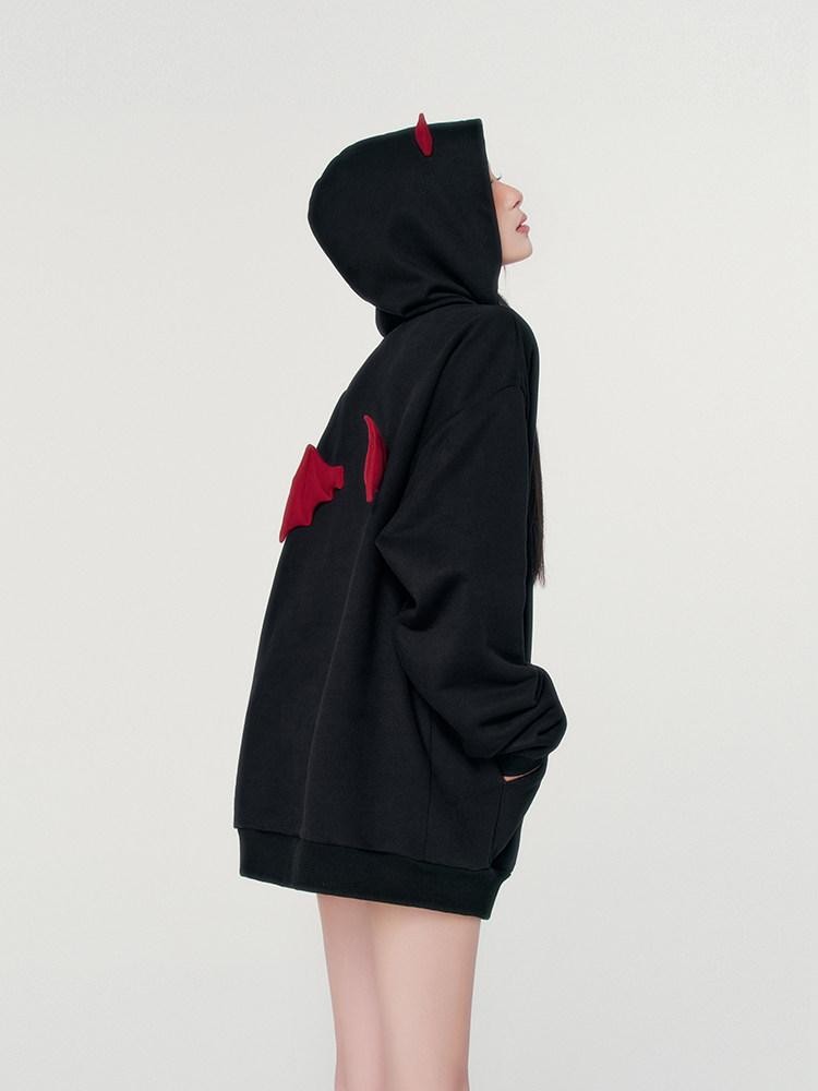 VOCK Devil Embroidered 3d Letter Loose Fit Women's Poly Cotton Fleece-lined Hoodies