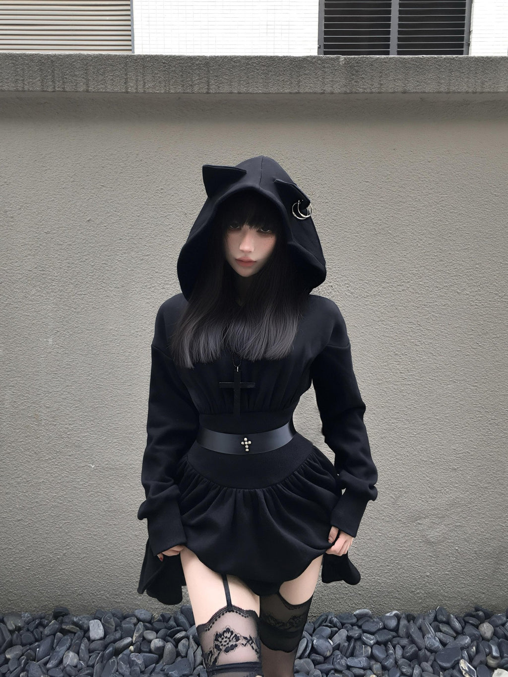 VOCK Devil Kitten Patchwork High Waist Women's Cotton Blend Casual Mini Dresses