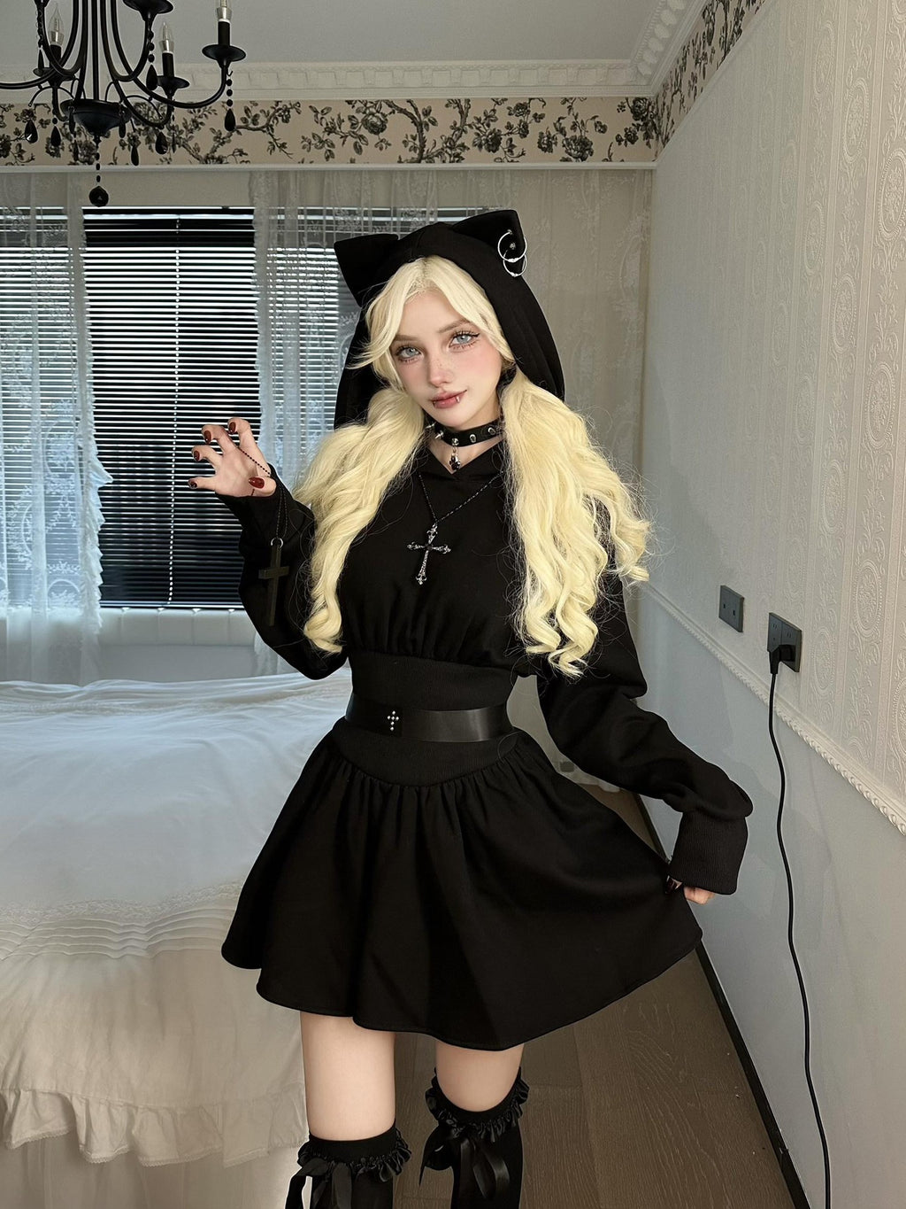 VOCK Devil Kitten Patchwork High Waist Women's Cotton Blend Casual Mini Dresses