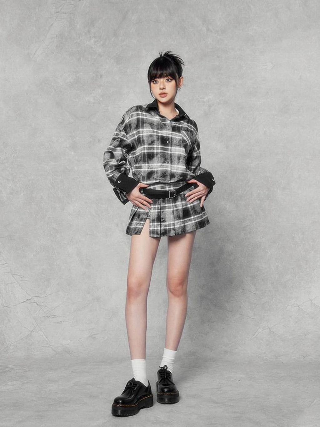 VOCK Distressed Colorblock Checked Tie Dye Oversized Women's Matching Skirt Sets