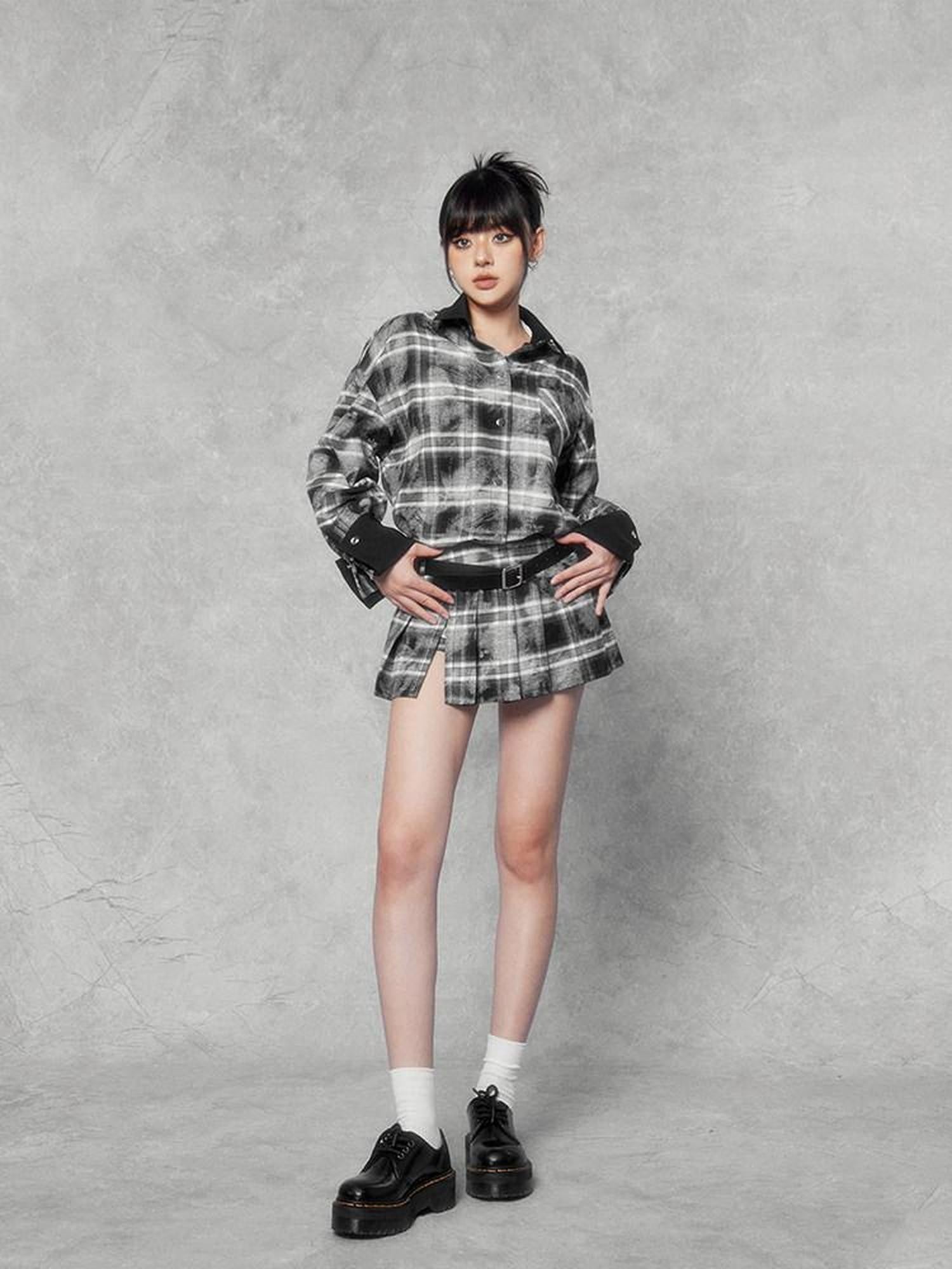 VOCK Distressed Colorblock Checked Tie Dye Oversized Women's Matching Skirt Sets