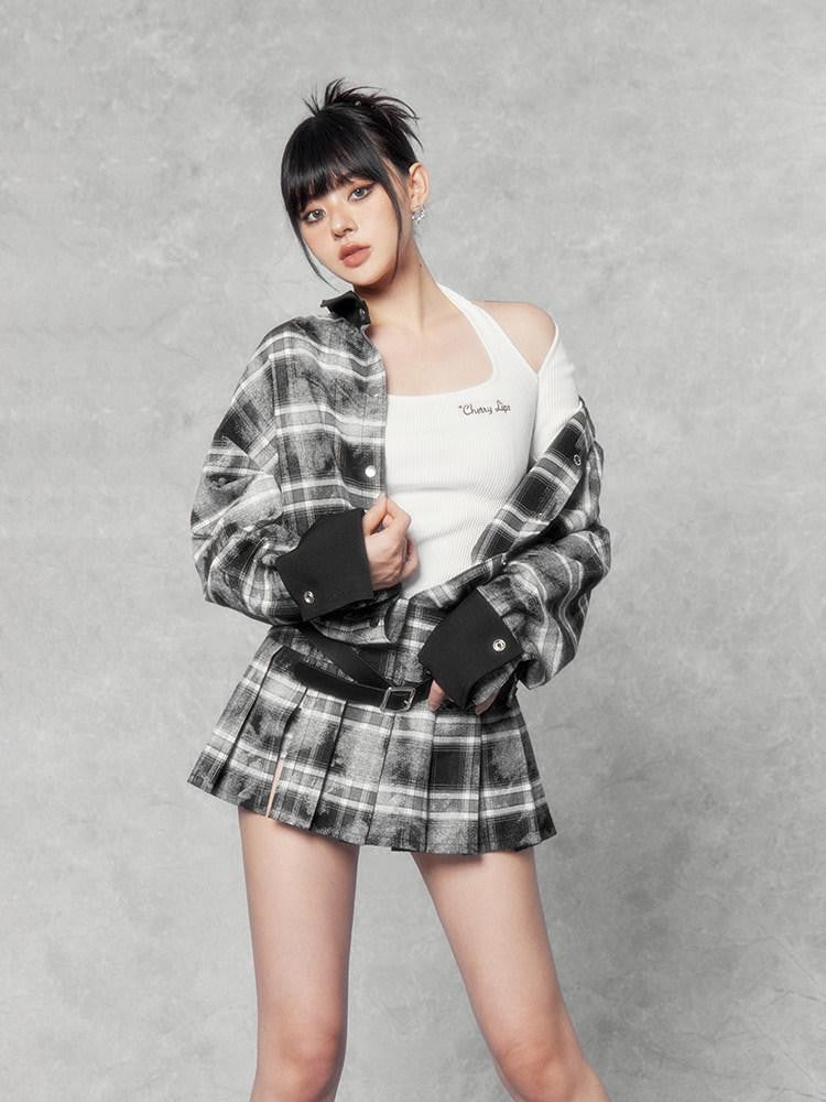 VOCK Distressed Colorblock Checked Tie Dye Oversized Women's Matching Skirt Sets