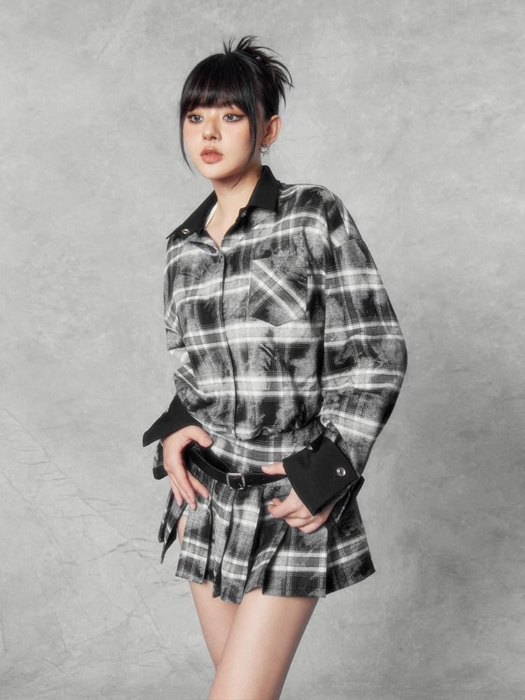 VOCK Distressed Colorblock Checked Tie Dye Oversized Women's Matching Skirt Sets