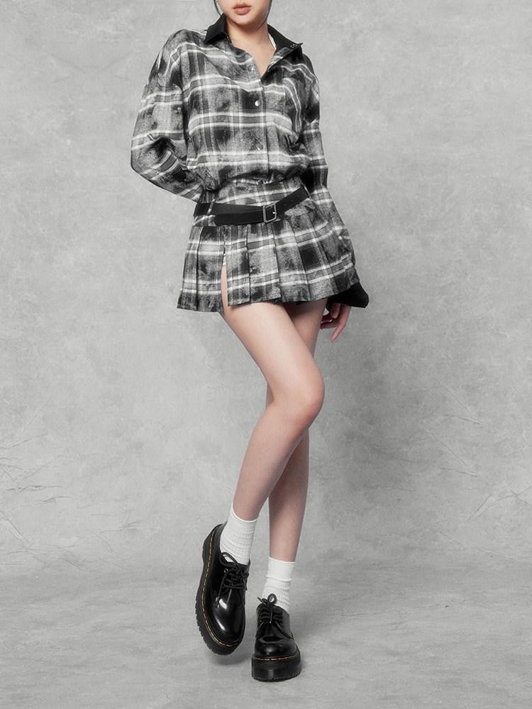 VOCK Distressed Colorblock Checked Tie Dye Oversized Women's Matching Skirt Sets