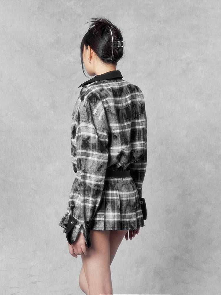 VOCK Distressed Colorblock Checked Tie Dye Oversized Women's Matching Skirt Sets