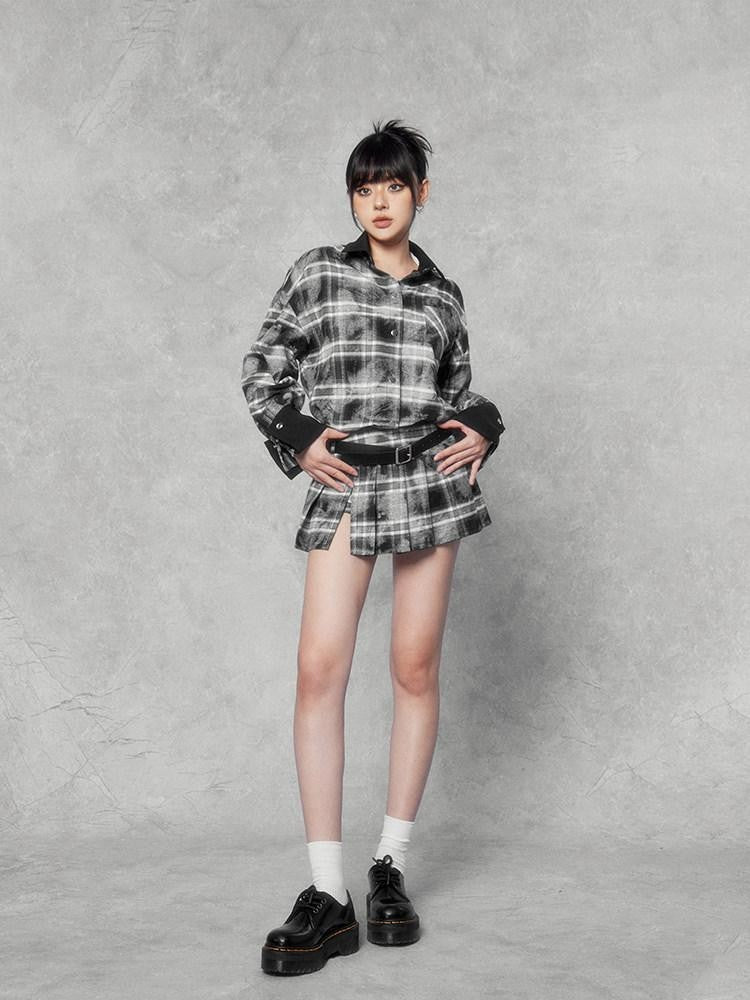 VOCK Distressed Colorblock Checked Tie Dye Oversized Women's Matching Skirt Sets