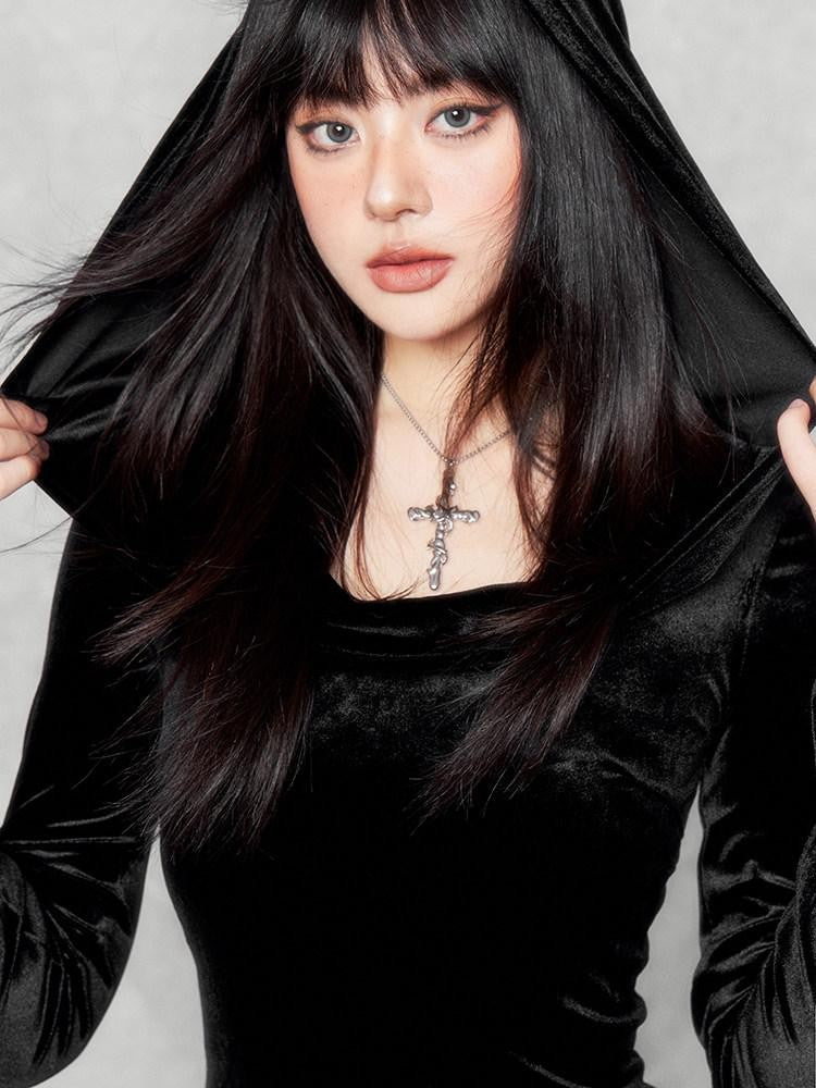 VOCK Doomsday Hooded Asymmetrical Hem Slim Women's Velvet Bodycon Mini Dresses