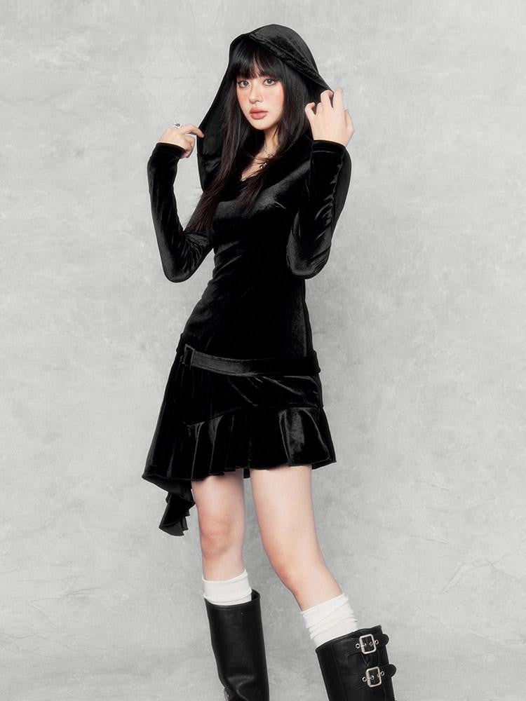 VOCK Doomsday Hooded Asymmetrical Hem Slim Women's Velvet Bodycon Mini Dresses