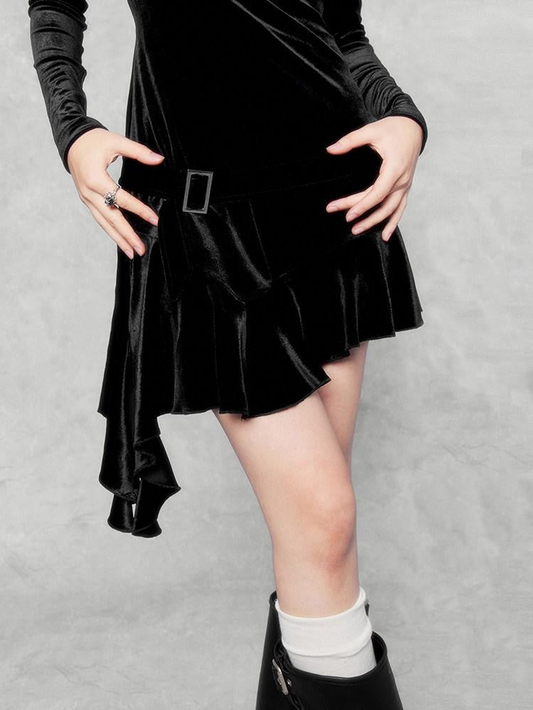 VOCK Doomsday Hooded Asymmetrical Hem Slim Women's Velvet Bodycon Mini Dresses