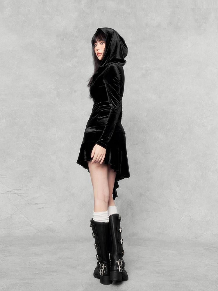 VOCK Doomsday Hooded Asymmetrical Hem Slim Women's Velvet Bodycon Mini Dresses