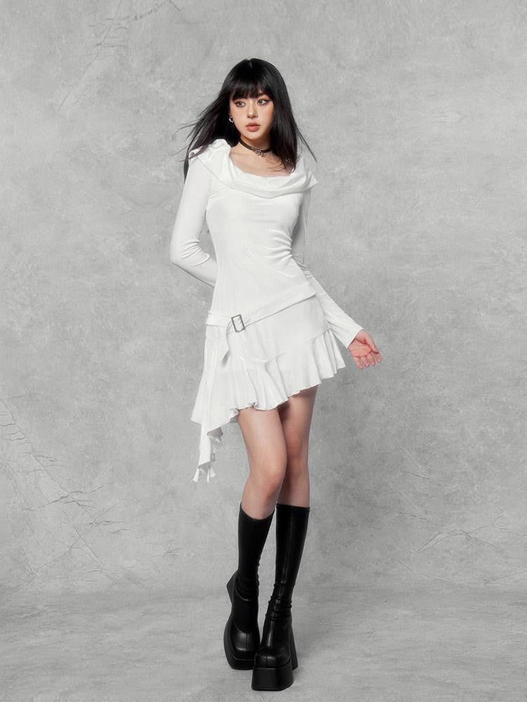 VOCK Doomsday Hooded Asymmetrical Hem Slim Women's Velvet Bodycon Mini Dresses