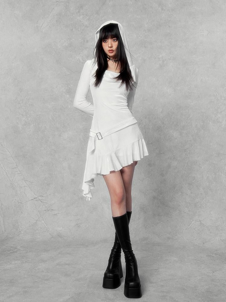 VOCK Doomsday Hooded Asymmetrical Hem Slim Women's Velvet Bodycon Mini Dresses