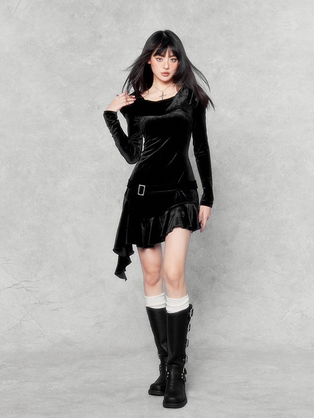 VOCK Doomsday Hooded Asymmetrical Hem Slim Women's Velvet Bodycon Mini Dresses