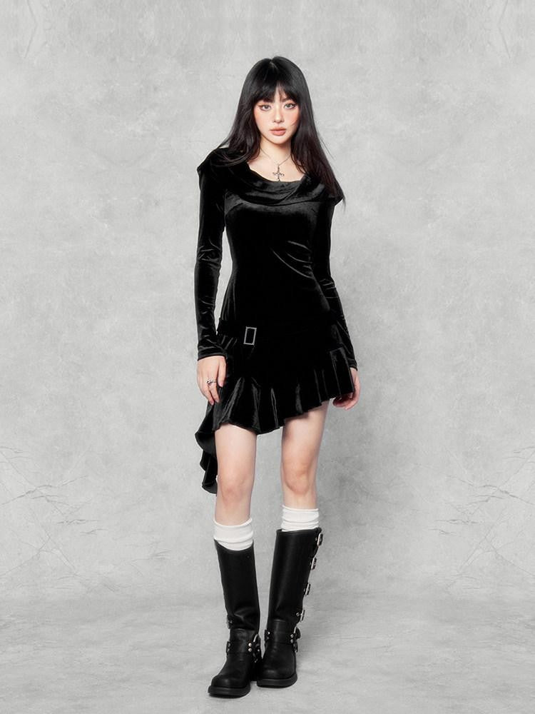 VOCK Doomsday Hooded Asymmetrical Hem Slim Women's Velvet Bodycon Mini Dresses