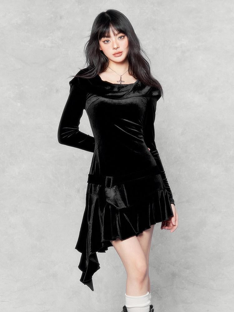 VOCK Doomsday Hooded Asymmetrical Hem Slim Women's Velvet Bodycon Mini Dresses