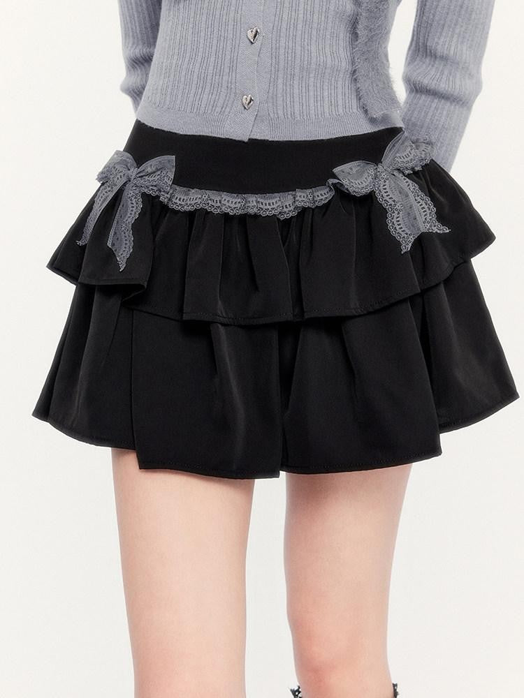 VOCK Dusky Blue Lace Bow A Line Cake Puffed Women's Lace Tiered Skirts