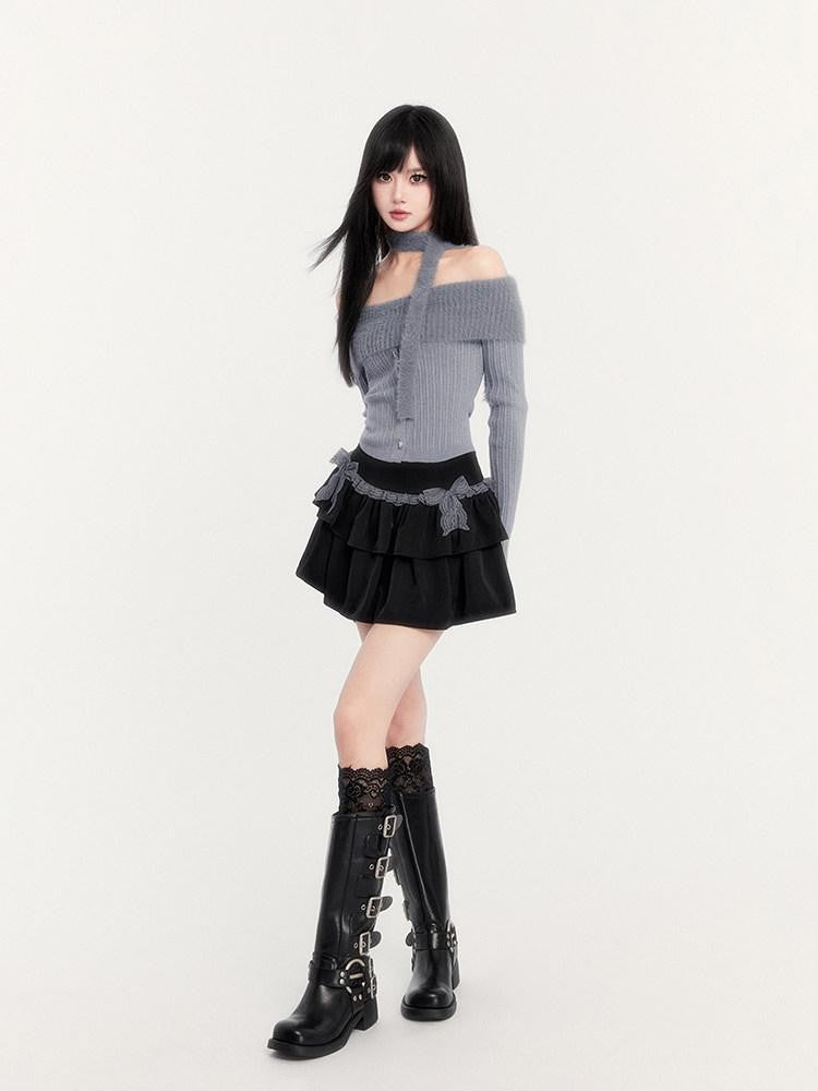 VOCK Dusky Blue Lace Bow A Line Cake Puffed Women's Lace Tiered Skirts