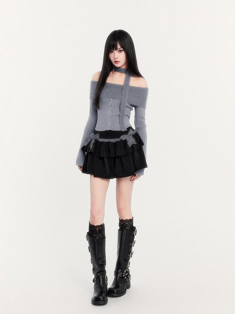 VOCK Dusky Blue Lace Bow A Line Cake Puffed Women's Lace Tiered Skirts