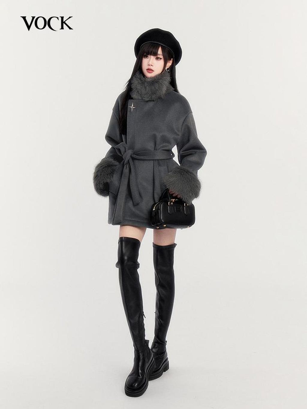 VOCK Elegant Faux Fur Trim Stand Collar Waist Cinched Women's Wool Coats