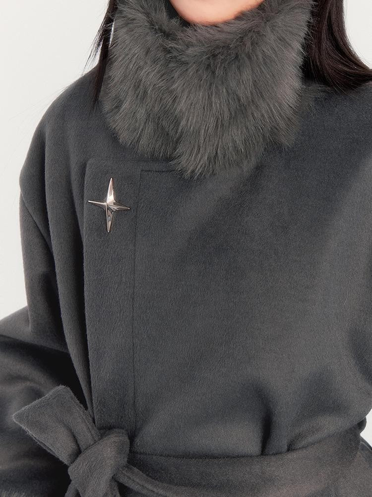 VOCK Elegant Faux Fur Trim Stand Collar Waist Cinched Women's Wool Coats