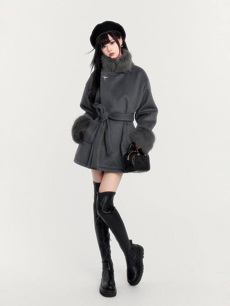 VOCK Elegant Faux Fur Trim Stand Collar Waist Cinched Women's Wool Coats