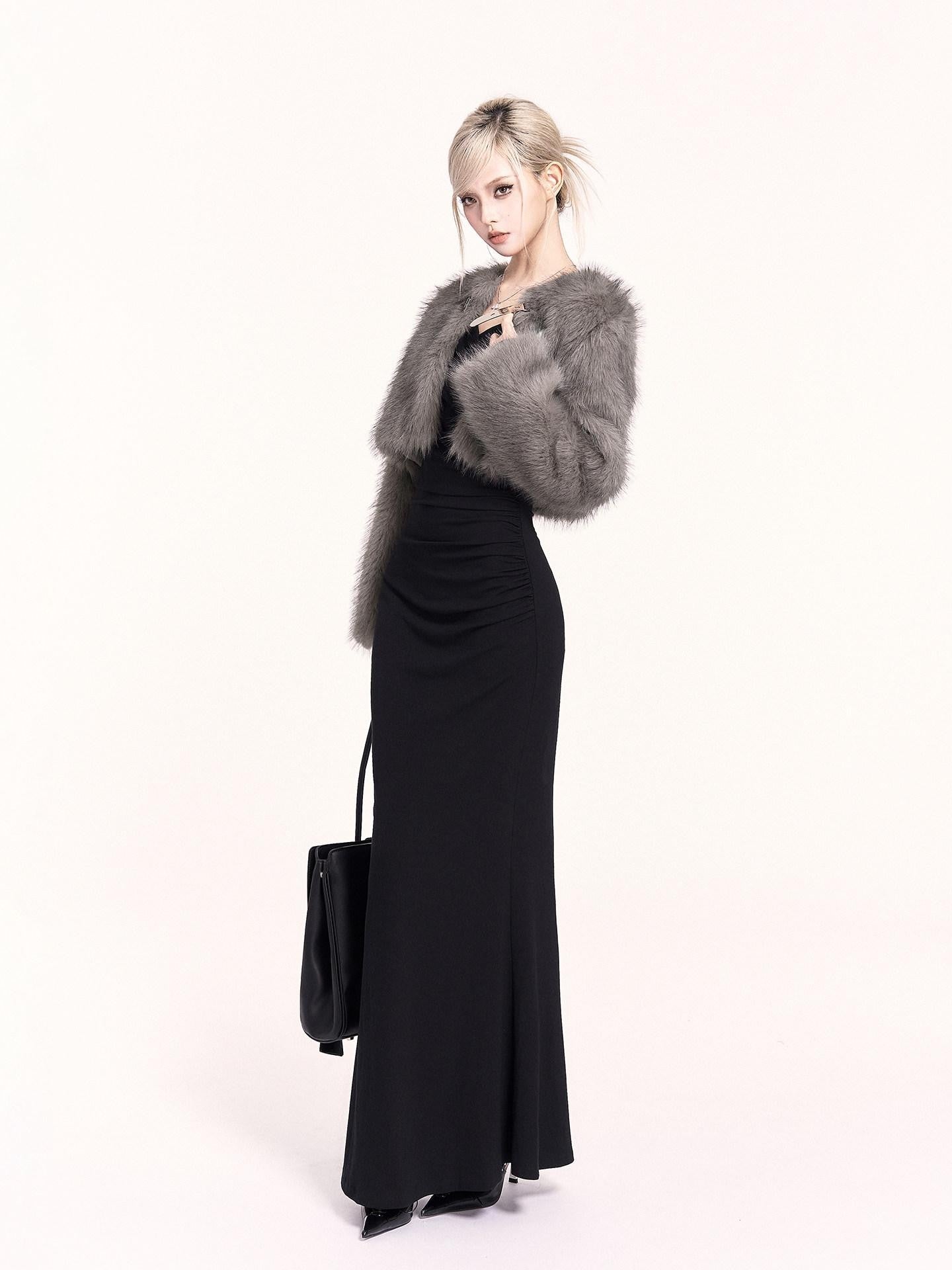 VOCK Elegant Plush Faux Fur Metal Trim Women's Polyester Cropped Jackets