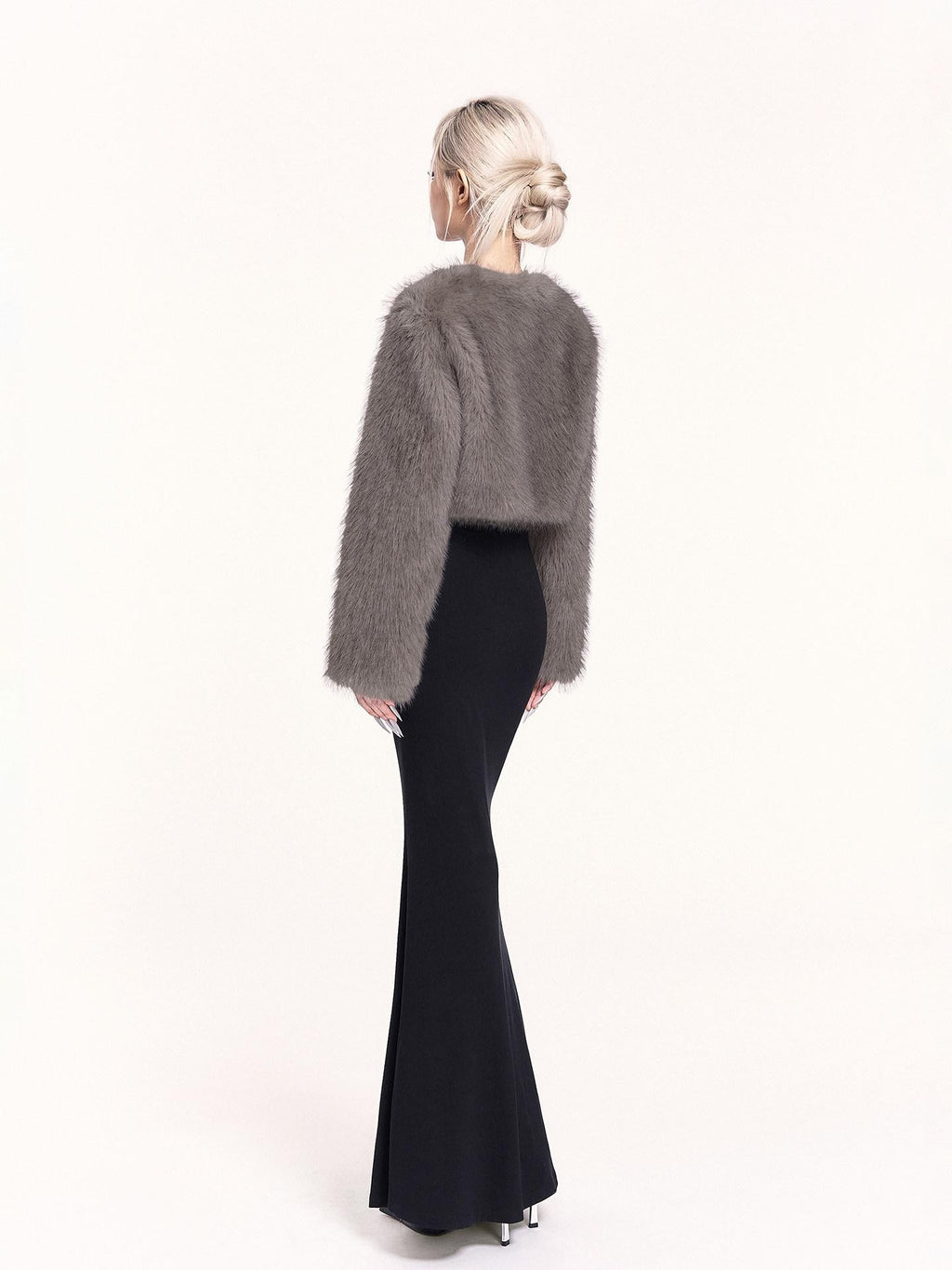 VOCK Elegant Plush Faux Fur Metal Trim Women's Polyester Cropped Jackets