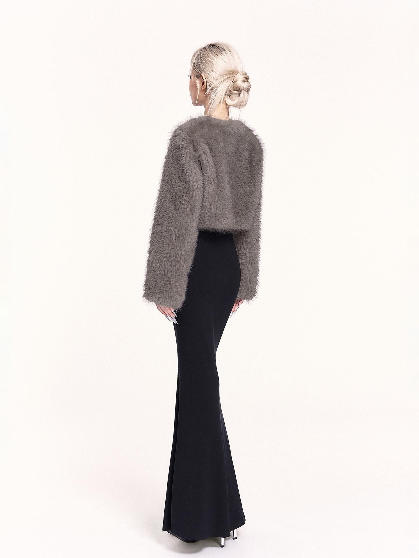 VOCK Elegant Plush Faux Fur Metal Trim Women's Polyester Cropped Jackets