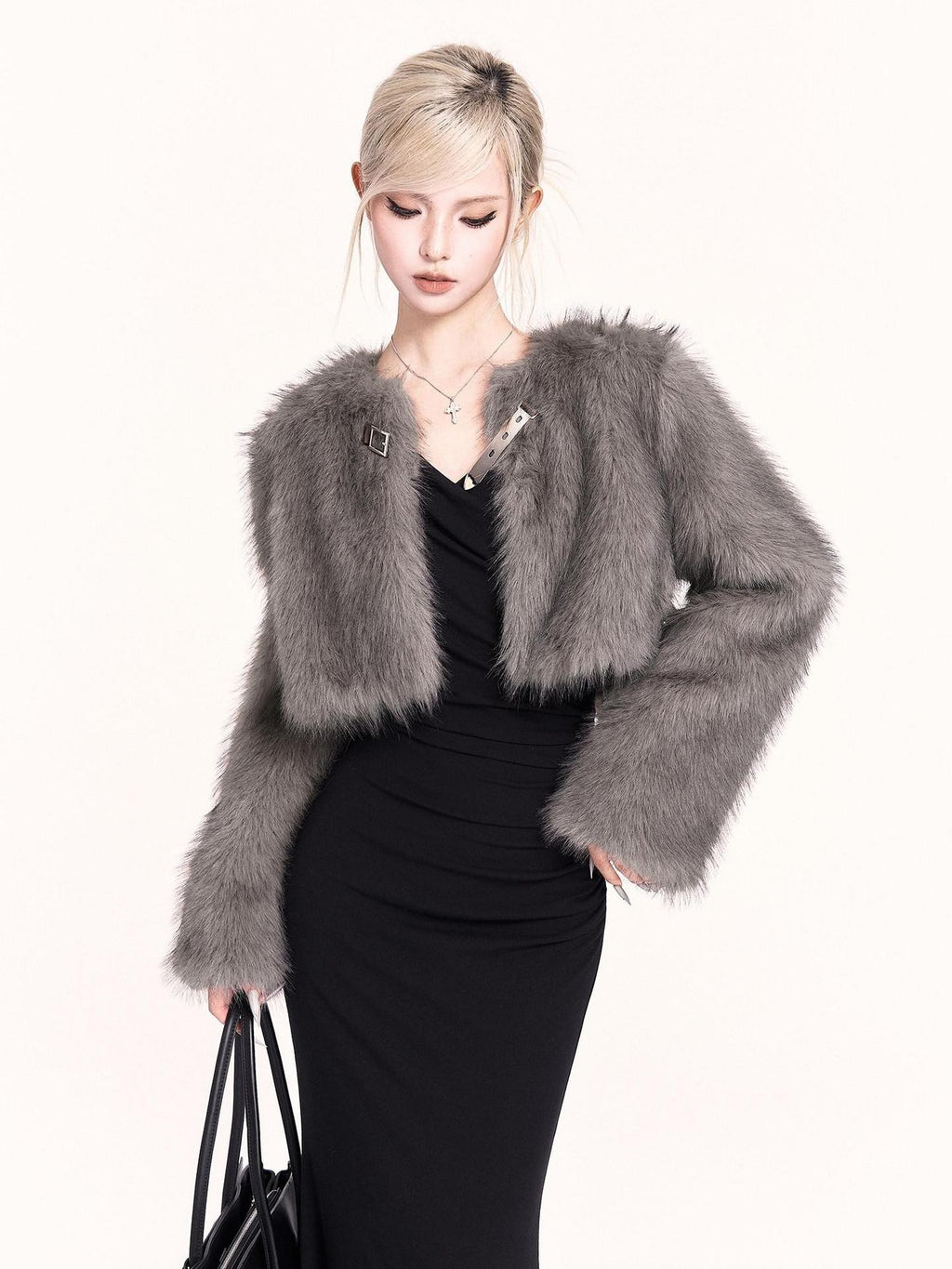 VOCK Elegant Plush Faux Fur Metal Trim Women's Polyester Cropped Jackets