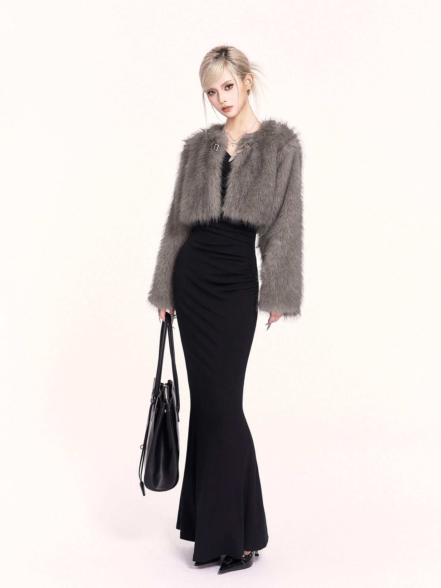 VOCK Elegant Plush Faux Fur Metal Trim Women's Polyester Cropped Jackets
