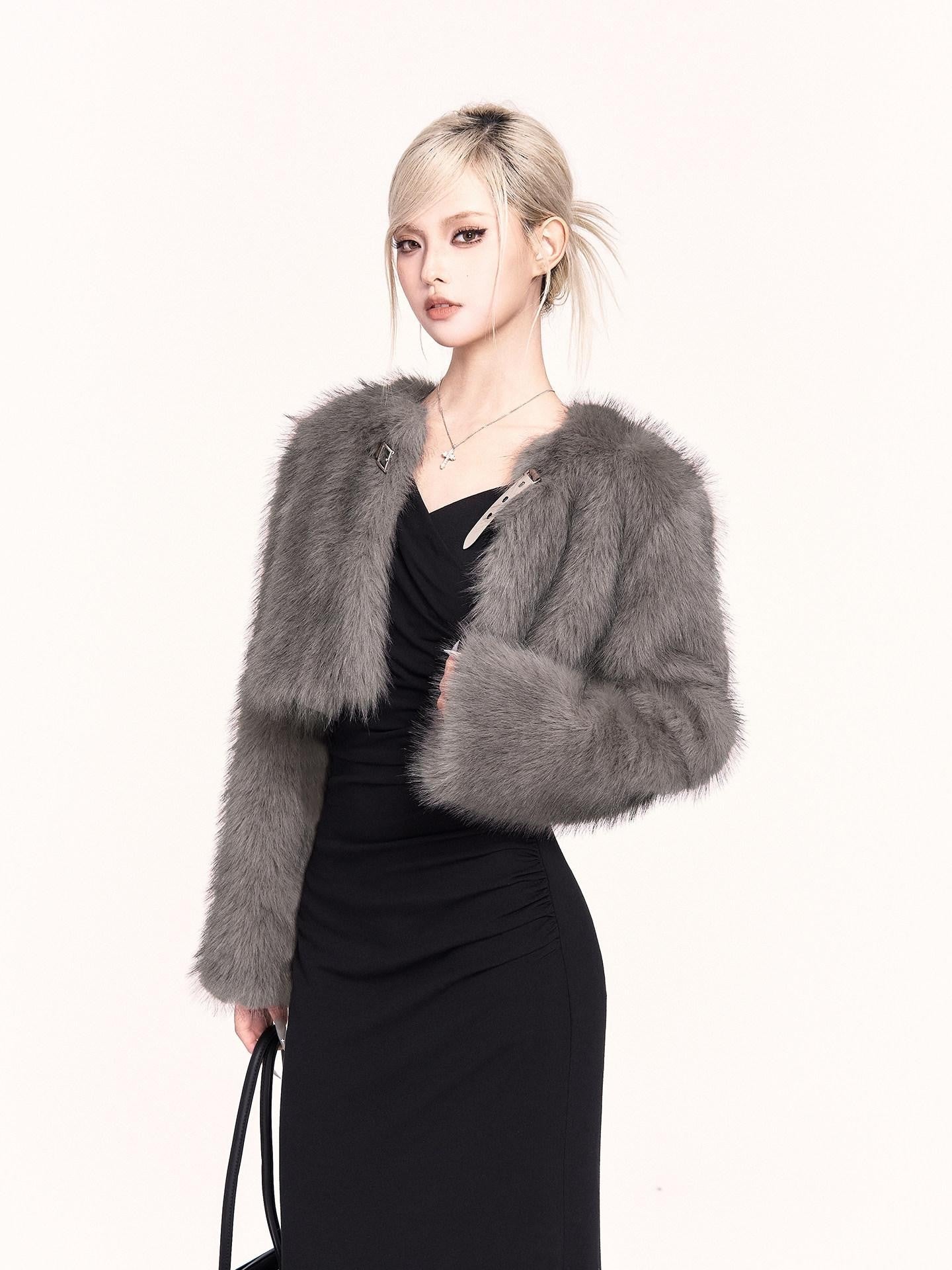 VOCK Elegant Plush Faux Fur Metal Trim Women's Polyester Cropped Jackets