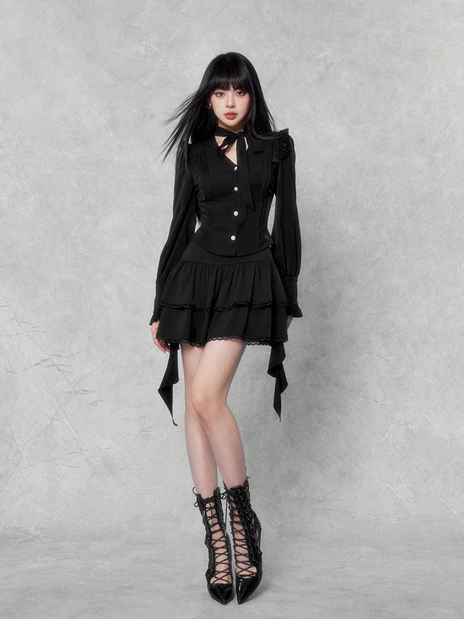VOCK Embellished Bow And Asymmetric Ribbon Women's Lace Mini Skirts