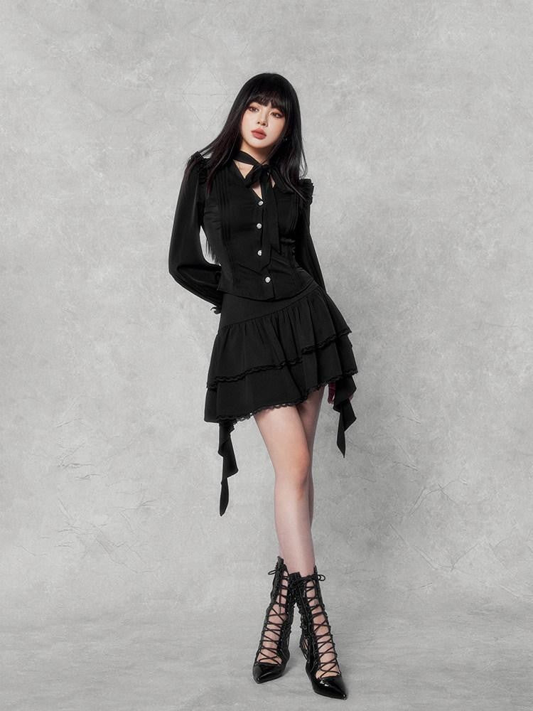 VOCK Embellished Bow And Asymmetric Ribbon Women's Lace Mini Skirts