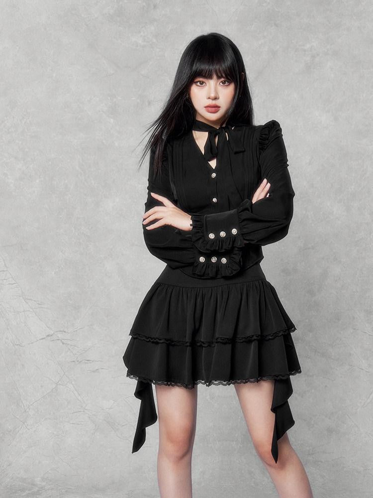 VOCK Embellished Bow And Asymmetric Ribbon Women's Lace Mini Skirts