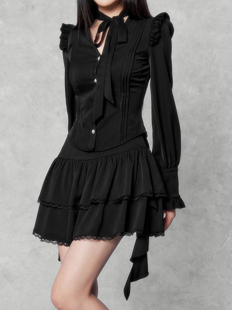 VOCK Embellished Bow And Asymmetric Ribbon Women's Lace Mini Skirts