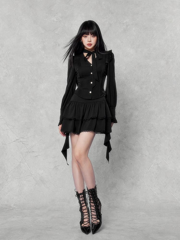VOCK Embellished Bow And Asymmetric Ribbon Women's Lace Mini Skirts