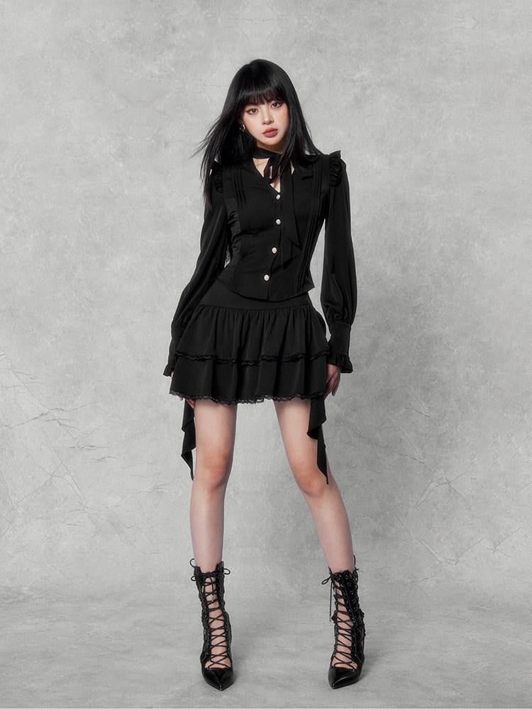 VOCK Embellished Bow And Asymmetric Ribbon Women's Lace Mini Skirts