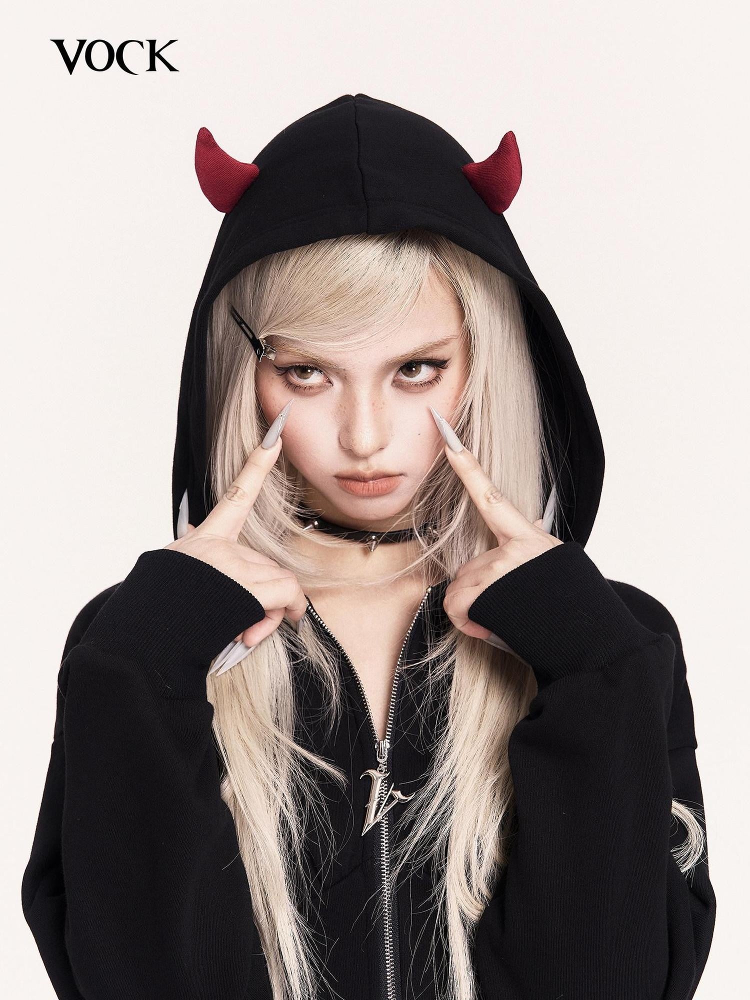 VOCK Embroidered 3d Devil Wings Hooded Fleece Women's Cotton Blend Casual Mini Dresses