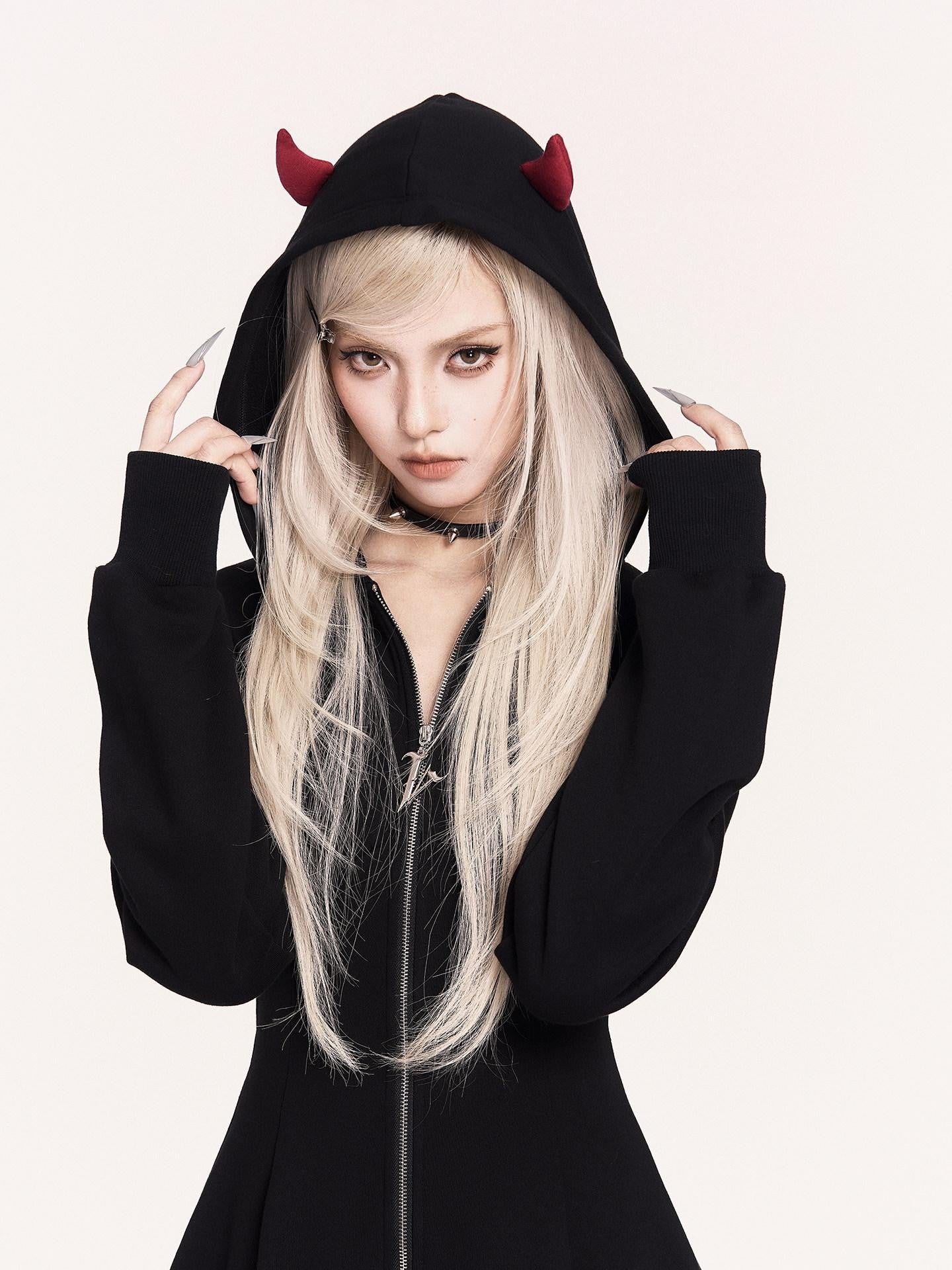 VOCK Embroidered 3d Devil Wings Hooded Fleece Women's Cotton Blend Casual Mini Dresses