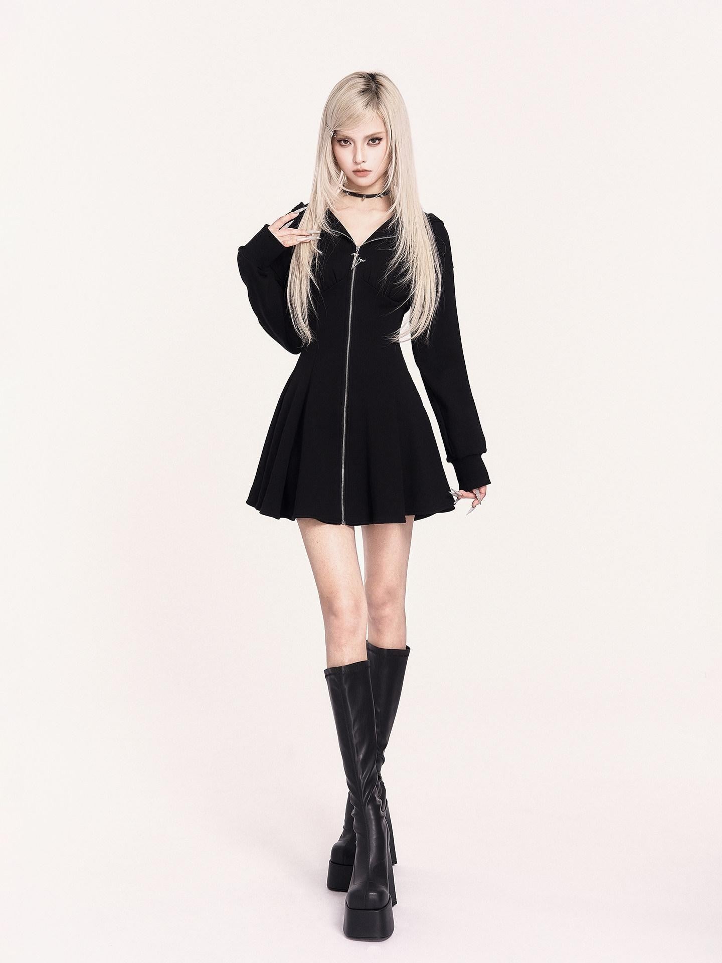 VOCK Embroidered 3d Devil Wings Hooded Fleece Women's Cotton Blend Casual Mini Dresses